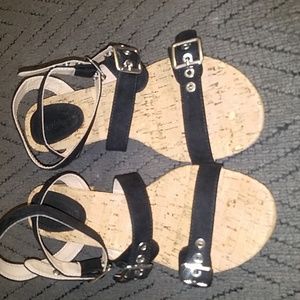 ASHLEY STEWART- black wrap around ankle sandals, suede material, sz.9w